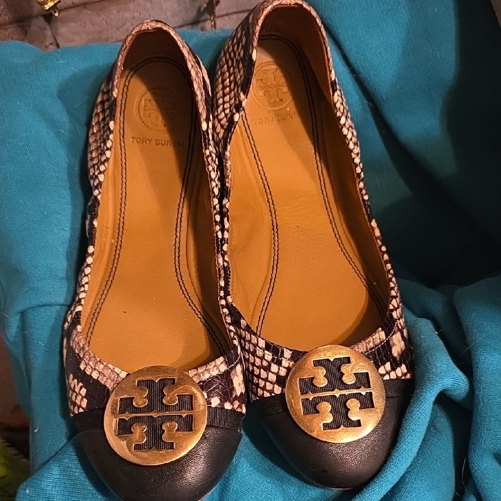 Tory Burch Snakeskin Pattern Flats with Black and Gold Accents